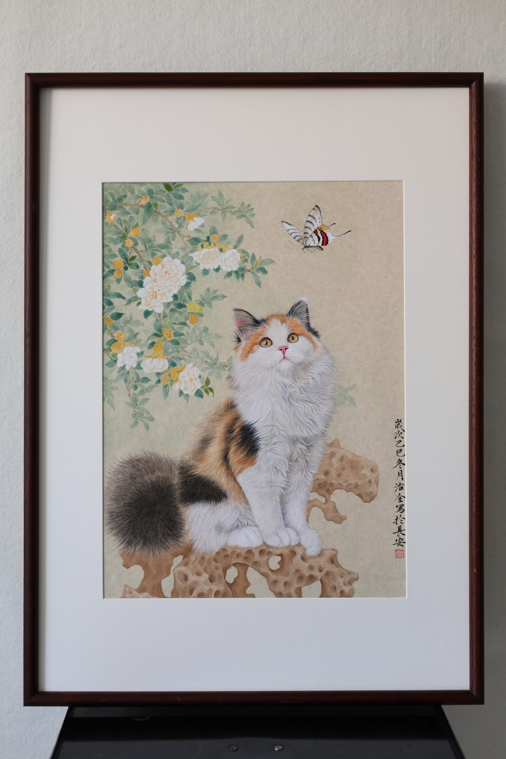 Framed original gongbi pet portrait